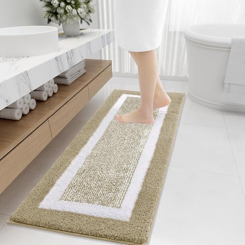 OLANLY Bathroom Runner Rugs 47x20, Long Bath Mats for Bathroom Floor, Beige | Non-Slip, Machine Washable, Quick Dry Shaggy Bath Carpet, Suitable for Bathroom Floor, Tub, Shower - color: Beige and White, size: 47" X 20"