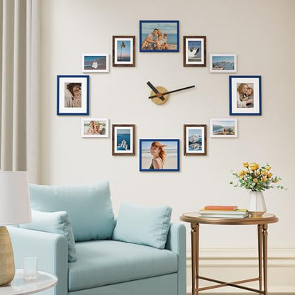 Vittanly 12 Pack Gallery Wall Frame Set, Black, Brown, White | Gallery Wall Frame Set: 4pcs 8x10, 4pcs 5x7 & 4pcs 4x6 Photos for Wall & Table, Picture Frames made of Engineered Wood - color: Blue & Brown & White