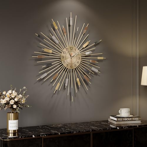 Cuspin Large Wall Clock 24 Inch, Colorful Gold Clocks for Living Room Decor, Decorative Mid Century Modern Sunburst Battery Operated Wall Clock for Bedroom, Kitchen, Office - color: Multicolor Sunburst, size: Small