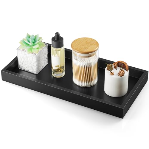 ALELION 13" Bathroom Vanity Tray for Counter - Black Wood Tray for Toilet Tank Makeup Perfume Jewelry Catchall Coffee Table - Wooden Kitchen Countertop Organizer for Soap Dispenser - color: Black, size: 13" x 6.5" x 1.2"