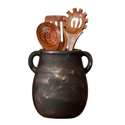 Rustic Kitchen Utensil Holder, Ceramic Utensil Crock for Kitchen Counter | Farmhouse Spatula Organizer for Countertop, Vintage Crock Decor, Ideal Housewarming Gift (Black) - color: Black
