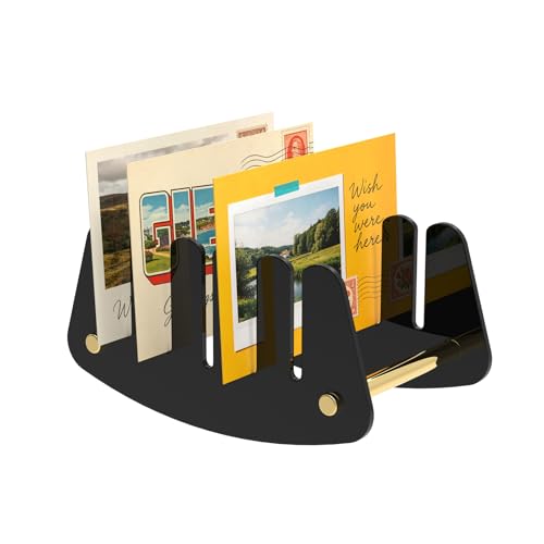 Acrylic Mail Holder 5-Slot Fan-Shaped with Gold Handle,Black Desk Organizer | Mail Organizer for Bills, Invoices, Letters, Envelopes, Compact Countertop Sorter, For Home Office, Entryway, Small Spaces - color: Peak / Black