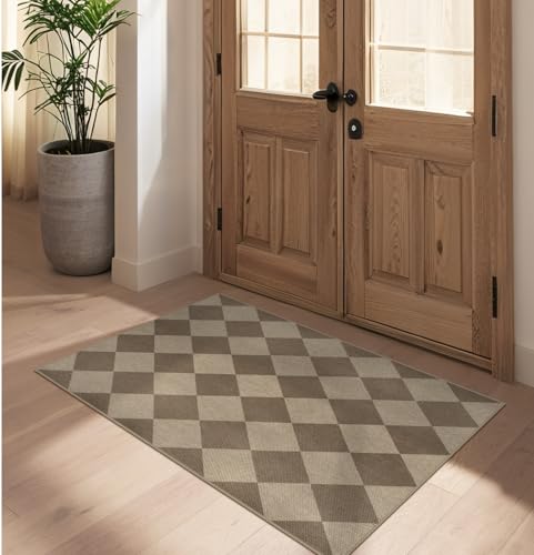 Easy Jute Checkered Entryway Rug, 2.6x4 Brown Modern Indoor Outdoor Doormat, Washable Non-Slip Neutral Kitchen Rug Farmhouse Diamond Throw Rugs for Entrance Bedroom Bathroom - color: Brown Checkered, size: 2.6' x 4' (Rectangular)