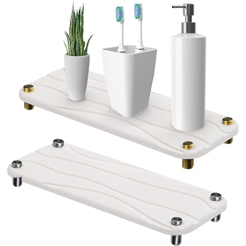 Stone Drying Tray, Diatomite Sink Caddy, White | Kitchen Sink Organizer, Water Absorbing Bathroom Counter Mat, Absorbent Kitchen Soap Tray, w Silver & Gold feet - color: White & Silver