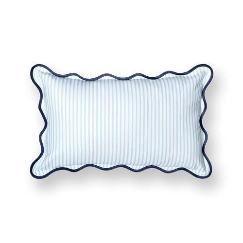 Hofdeco Premium Coastal Patio Indoor Outdoor Scalloped Lumbar Pillow Cover Only, 12"x20" Water Repellent for Backyard, Couch, Baby Blue Print Stripes - color: Baby Blue Stripes B 12"x20"