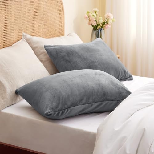 BEDELITE Flannel Pillowcases Standard Set of 2, Gray, 20x26 Inches | Super Cozy Fuzzy Velvet Pillow Shams with Zipper Closure, Soft Fleece Pillowcases for Bedroom, Sofa, Couch, All-Season Use - color: Gray, size: 26" x 20" (Pack of 2)
