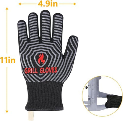 QUWIN Oven Mitts Set, Heat Resistant with Mini Oven Gloves and Hot Pads Potholders, Non-Slip Food Grade Long Oven Mitts for Kitchen Baking Cooking (Black - D)