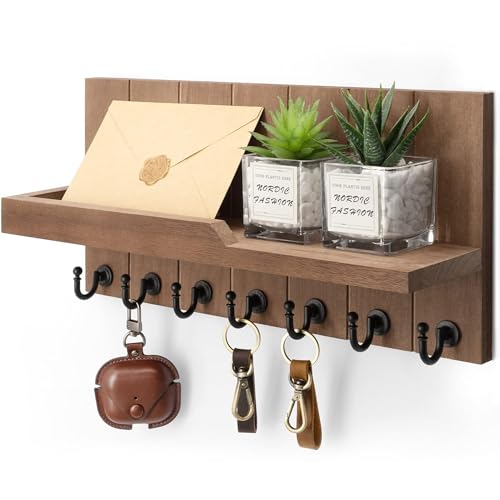 Rebee Vision Key Holder Wall Mount with Shelf for Entryway, Retro Brown | Key Holder for Wall, 7 Key Hooks, Floating Shelf, Key and Mail Holder for Wall, Home Storage, Sturdy Everyday Organization - color: Brown, size: 15 inches