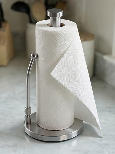 SMARTAKE Paper Towel Holder Countertop, Non-Slip Weighted Base, Silver | Freestanding Kitchen Roll Dispenser, Rustproof Stainless Steel, Spring Arm for Easy Tear, Widden Top, with 4 Suction Cups - color: 01-silver