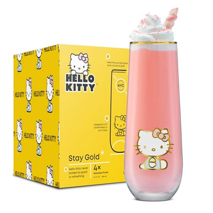 JoyJolt Hello Kitty Stay Gold Stemless Flutes, 9.4oz Drinking Glasses Set of 4, Sanrio Highball Glasses, Kawaii Hello Kitty Kitchen Glass Set Ideal for Water Juice Smoothies, Skinny Tall Glasses - style: Hello Kitty