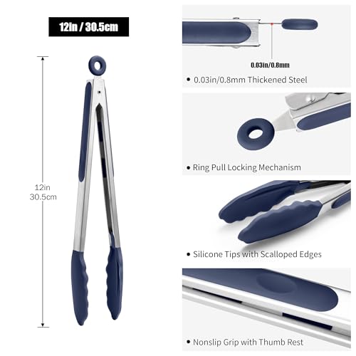 Doosu 600°F Heat Resistant Kitchen Tong for Cooking with Non-Scratch Silicone Tips (12in, Navy Blue) & 2-Piece Spatula Set BPA Free Rubber Scrapers for Kitchen Cooking Baking Stirring (Red+Black)