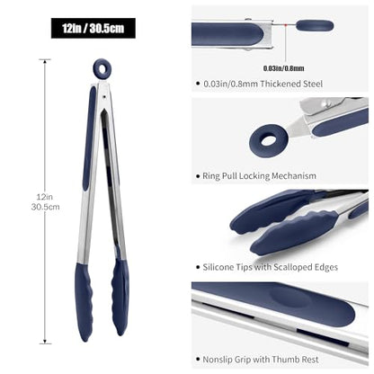 Doosu 600°F Heat Resistant Kitchen Tong for Cooking with Non-Scratch Silicone Tips (12in, Navy Blue) & 2-Piece Spatula Set BPA Free Rubber Scrapers for Kitchen Cooking Baking Stirring (Red+Black)