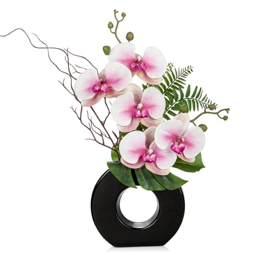 Briful Pink Orchid Fake Flowers with Vase, 16.1'' Artificial Orchid Silk Flowers Faux Orchid Arrangement for Home Office Dining Room Table Centerpiece Modern Decoration - color: Light Pink Black Vase