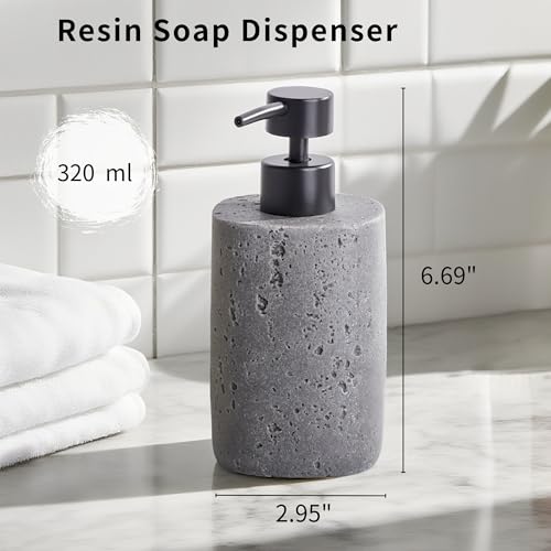 Clasin Home 2 Pack Gray Resin Soap Dispensers, Refillable Liquid Lotion Dispenser Bottles with Travertine-Look for Bathroom and Kitchen Countertop, Modern Stone Texture (10.8 oz) - color: Gray