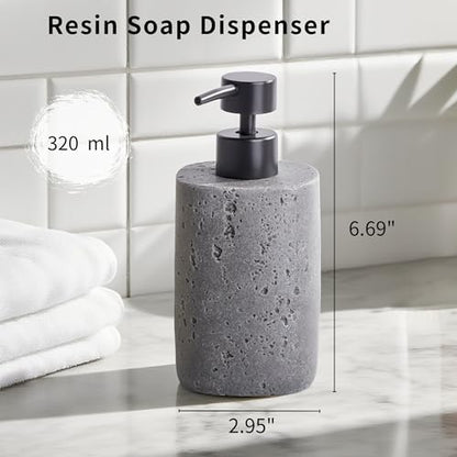 Clasin Home 2 Pack Gray Resin Soap Dispensers, Refillable Liquid Lotion Dispenser Bottles with Travertine-Look for Bathroom and Kitchen Countertop, Modern Stone Texture (10.8 oz) - color: Gray