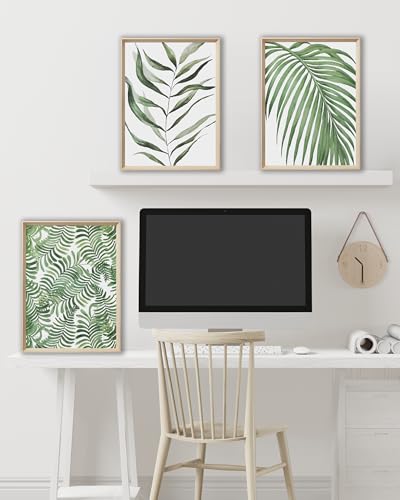 UPWOIGH Sage Green Botanical Framed Wall Art, 12 x 16 Inch, Set of 3 | Watercolor Leaf, Palm and Fern Prints, Sage Green Botanical Design, Light Wood Frames for Bedroom, Office and Gallery Wall - color: Green MDF