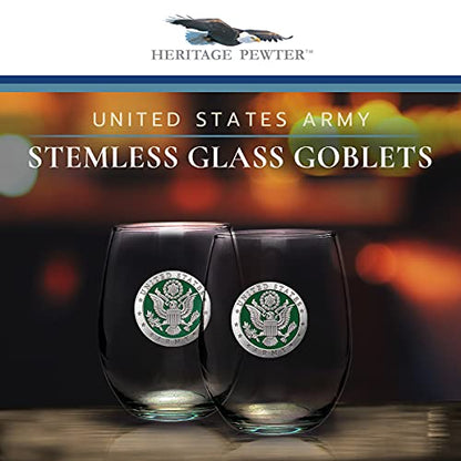 Heritage Pewter Army Stemless Glass Goblets – Set of 2 | 15 OZ Goblet Wine Glasses | Expertly Crafted Pewter Glass - style: ARMY green