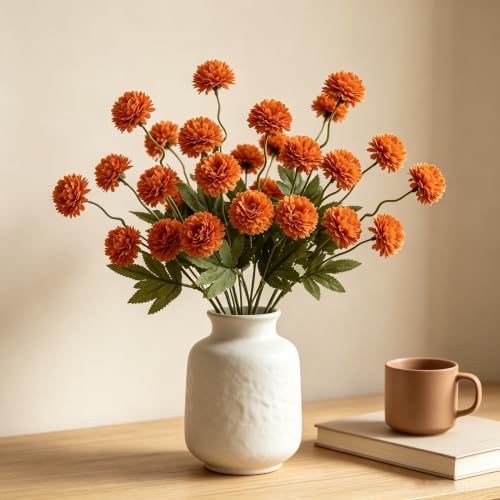 Faux Silk Chrysanthemum, Burnt Orange, 10 Pcs | Mini Fake Mums with Stems, DIY Bouquets, Home Decor Floral Arrangements, Vase Fillers, Wedding Centerpieces - color: Burnt Orange