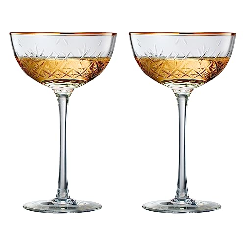 Vintage Art Deco Luxury Coupe Glasses, Cocktails, Martini, Margarita, In Premium Gift Box 24K Gold Rim | Set of 2 | 8 oz Classic Cocktail Glassware - Champagne, Manhattan, Cosmopolitan Crystal Goble - color: Crystal Clear, size: Set of 2