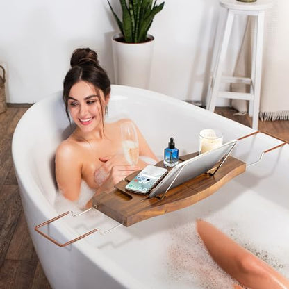 Dream Light Walnut Teak Expandable Bathtub Caddy Tray | Light walnut teak tray, extendable, housewarming gift, bath spa organizer - color: Teak Natural - B, size: Medium