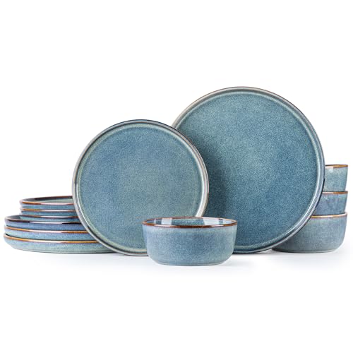 AmorArc Stoneware Dinnerware Sets for 4, 12Pcs Plates and Bowls Sets Dishes | Ceramic Round Reactive Glaze Dishes Set, Highly Scratch Resistant | Dishwasher & Microwave Safe Dishware - color: Ceylon Blue, size: Service for 4