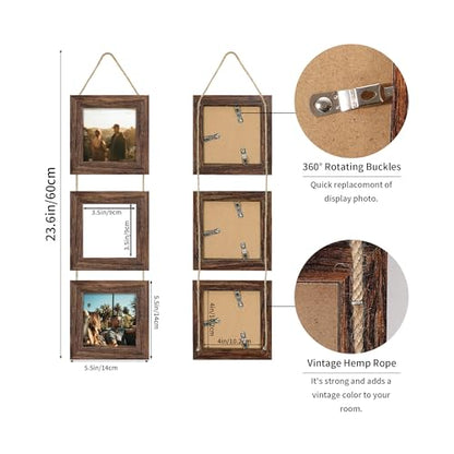 4x4 Collage Picture Frames Set of 2, Rustic Wooden Real Glass Vertical Hanging 3 Opening 4 by 4 Photo Frame, Distressed Brown - color: Distressed Brown, size: Vertical-4x4 in