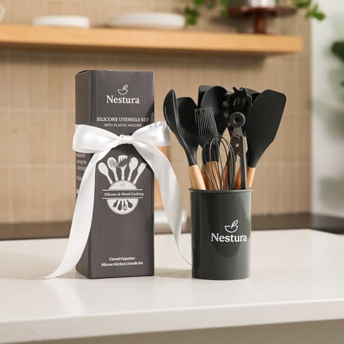 Compact Silicone Kitchen Utensil Set by Nestura, 12-Piece Cooking Utensils with Holder, BPA-Free Heat Resistant Tools with Beechwood Handles for Small Kitchens, Apartments, RVs, Dorms & Gifting