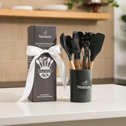 Compact Silicone Kitchen Utensil Set by Nestura, 12-Piece Cooking Utensils with Holder, BPA-Free Heat Resistant Tools with Beechwood Handles for Small Kitchens, Apartments, RVs, Dorms & Gifting