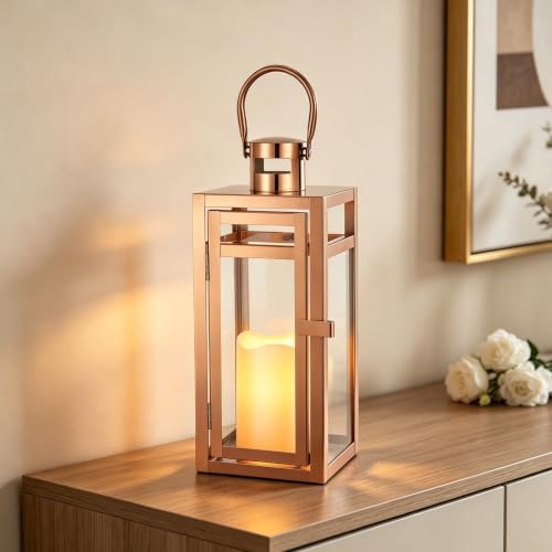 TRIROCKS Stainless Steel Decorative Lantern 12'' High Metal Candle Holder with Clear Glass Panels Perfect for Home Decor Living Room Parties Events Tabletop Indoors Outdoors (Rose Gold) - color: Rose Gold