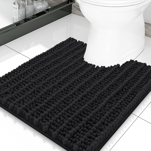 Smiry Bathroom Toilet Rugs U Shaped 20X20, Chenille Bath mats for Toilet | Black Extra Soft Absorbent Non Slip Rubber Backing Contour Bath Rugs for Toilet, Machine Washable Contoured Bath Mats - color: Black, size: 20'' X 20''