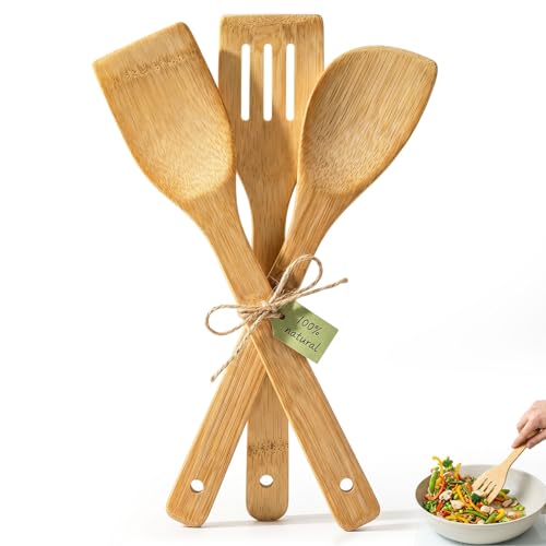 HANSGO Bamboo Wooden Spoons for Cooking, 6PCS Non-Stick Kitchen Utensils Set, Natural and Durable Wooden Spatula for Nonstick Cookware, Apartment Essentials