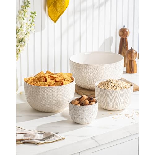Ceramic Mixing Bowls, Embossed Nesting Bowls Set of 4, Mixing Bowl Set for Serving, Baking, Cooking and Gift, Microwave and Dishwasher Safe, 20/47/99/148 oz, Off-White - size: 20&47&99&148 oz