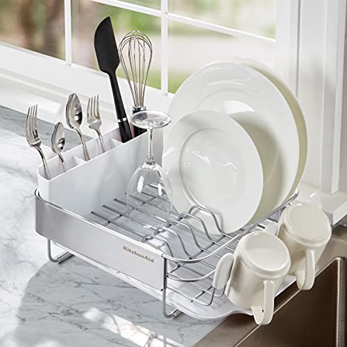 KitchenAid Compact Satin Wire Rust Resistant, Expandable Dish Rack with Angled Self Draining Drainboard with Removable Flatware Caddy, 23.18-Inch, Gray - color: White, size: Compact
