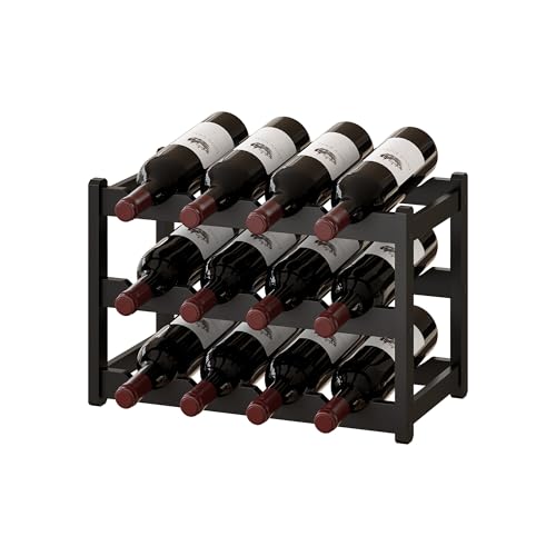 BMOSU Bamboo Wine Rack Wine Storage Cabinet Shelf 12 Bottle Wine Racks Countertop Sturdy for Kitchen Dining Room Pantry - 3 Tiers Wine Rack (Black) - color: Black, size: 3 Tier