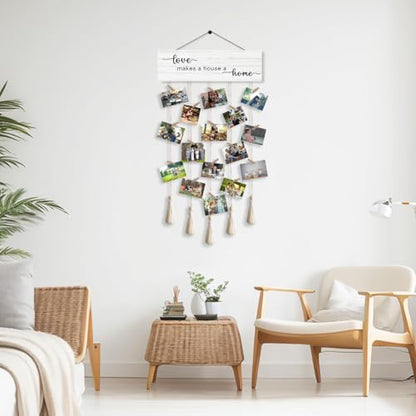 Love Makes A House Family Photo Hanging Display Board with 16 Clips, Rustic Wood Picture Collage Frame with Tassels Farmhouse Wall Decor - color: Love Makes A House