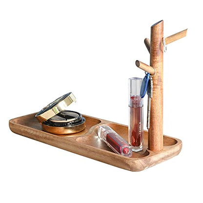 Wood Key Tray for Entryway Table, Jewelry Tray, Catchall Tray with 3 Stand Hanging Organizer, for Rings, Phone, Bracelets Watches