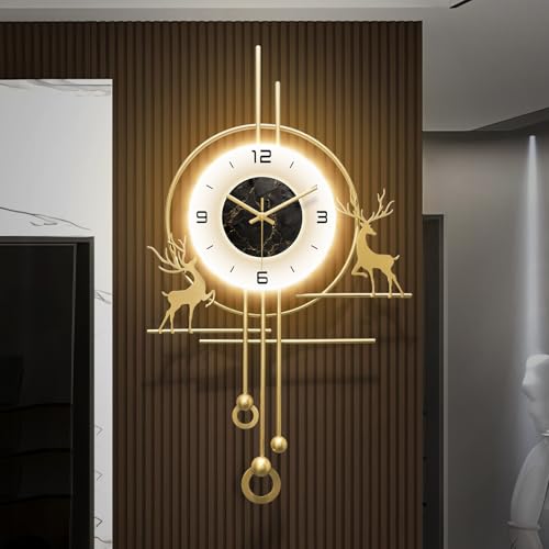 Large Gold Wall Clock for Living Room,Wall Clocks Decorative with Light,Creative Silent Clock Battery Operated for Kitchen/Entryway/Bedroom/Office/Dinning Room Metal Wall Decor - size: 18''Lx32''W