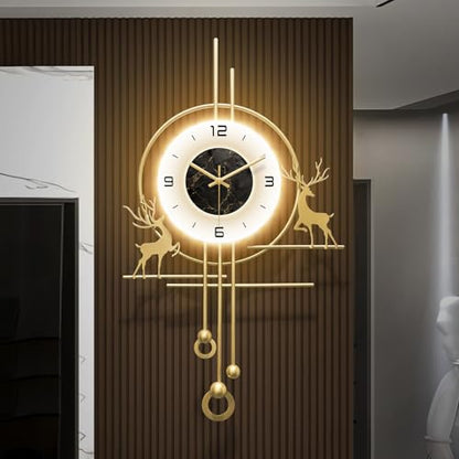 Modern Deer Wall Clock for Living Room,Large Gold Decorative Wall Clock with Light,Creative Silent Clock Battery Operated for Kitchen/Entryway/Bedroom/Office/Dinning Room Metal Wall Decor - size: 20''Lx35''W