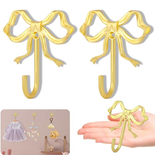 2Pcs Large Size Gold Bow Wall Hook, Gold Coat Hook, Metal Hook, Bow Room Decor Hooks for Coats, Coffee Mugs, Hats, Bags, Bath Towels and Girls Room Decor - color: Gold, size: 2Pcs-Large