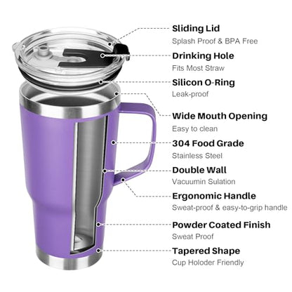 20 oz Tumbler with Handle, Stainless Steel Insulated Tumbler with Lid and Straw, Double Wall Vacuum Coffee Mug Tumbler, Insulated Coffee Thermal Cup for Cold and Hot (Purple) - color: Purple, size: 20 Ounces