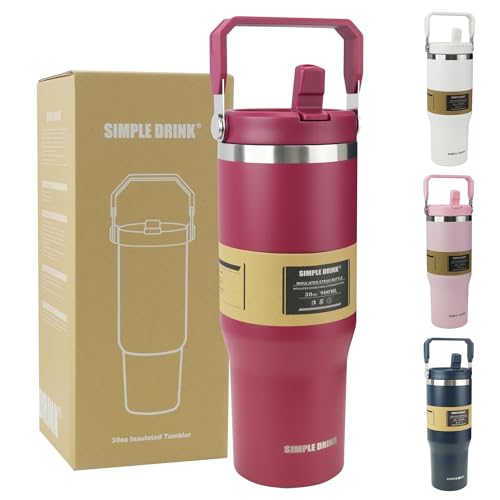 30oz Flip Straw Insulated Water Bottle with Handle, Leak Proof Stainless Steel Travel Tumbler With Lid, Double Wall Vacuum Iced Coffee Travel Mug, Sport Cup, Outside use - color: WineRed