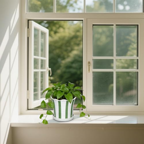 Set of 2 Flower Planter, 5.8 inch Ceramic Plant Pots with Drainage Hole and Sauser, Stripe Ceramic Planters with Wavy Opening for Indoor Outdoor Home Gardening Desktop Windowsill - color: Green & White