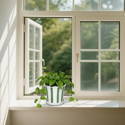 Set of 2 Flower Planter, 5.8 inch Ceramic Plant Pots with Drainage Hole and Sauser, Stripe Ceramic Planters with Wavy Opening for Indoor Outdoor Home Gardening Desktop Windowsill - color: Green & White