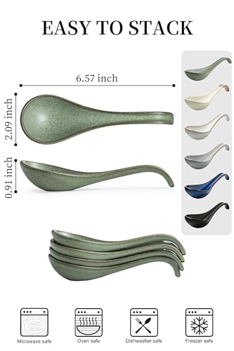 Asian Soup Spoon, Chinese Soup Spoons, Ramen Spoons, Japanese Ceramic Soup Spoon Set of 6,Thanksgiving Christmas Kitchen With Long Handle for Serving, Ramen, Pho, Noodles, Green - color: Green