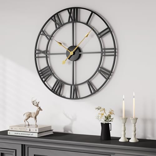 Cuspin 20 Inch Wall Clock Large Clock Battery Operated, Black Metal Round Wall Clocks Modern Silent Non-Ticking Decorative Clock for Living Room Bedroom - Roman Numerals - color: Black Roman Number, size: 20 Inch