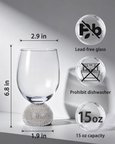 Stemless Fancy Wine Glasses Set of 4,Luxury Crystal Wine Glasses Hand Blown | 15 oz With Rhinestones Unbreakable,Perfect for Red or White Unique Wine Gifts for Women,Party,Birthday - color: Silver Red wine glass