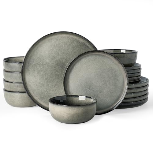 Famiware Milkyway 18-Piece Stoneware Dinnerware Set, Greenish Brown | Plates and Bowls for 6, Handmade Reactive Glaze Dish Set, Microwave & Dishwasher Safe, Chip & Scratch Resistant - color: Greenish Brown, size: Service for 6 (Standard Dinner Set)