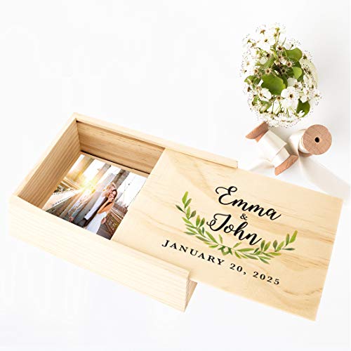 Koyal Wholesale Custom Willow Branch Leaves Cursive Couple Names Wedding Keepsake Box, 4 x 6 -inch, Custom Date, Wood - color: Cursive Willow Branch Leaves