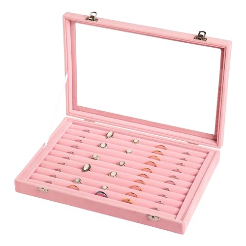 10 Slots Ring Organizer Tray,Velvet Ring Box with Clear Lid | Velvet Lining,Fits Various Rings and Stud,Glass Lid,Dustproof Design,for Personal Use and Jewelry Display,for Women Girls - color: Pink, size: 10 Slots