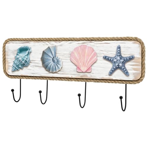 Coastal Beach Towel Hooks Nautical Coat Rack Wooden Seashell Wall Hooks with Screw Summer Ocean Theme Beach House Decor for Entryway Bathroom Hats Keys Towels - style: Beach